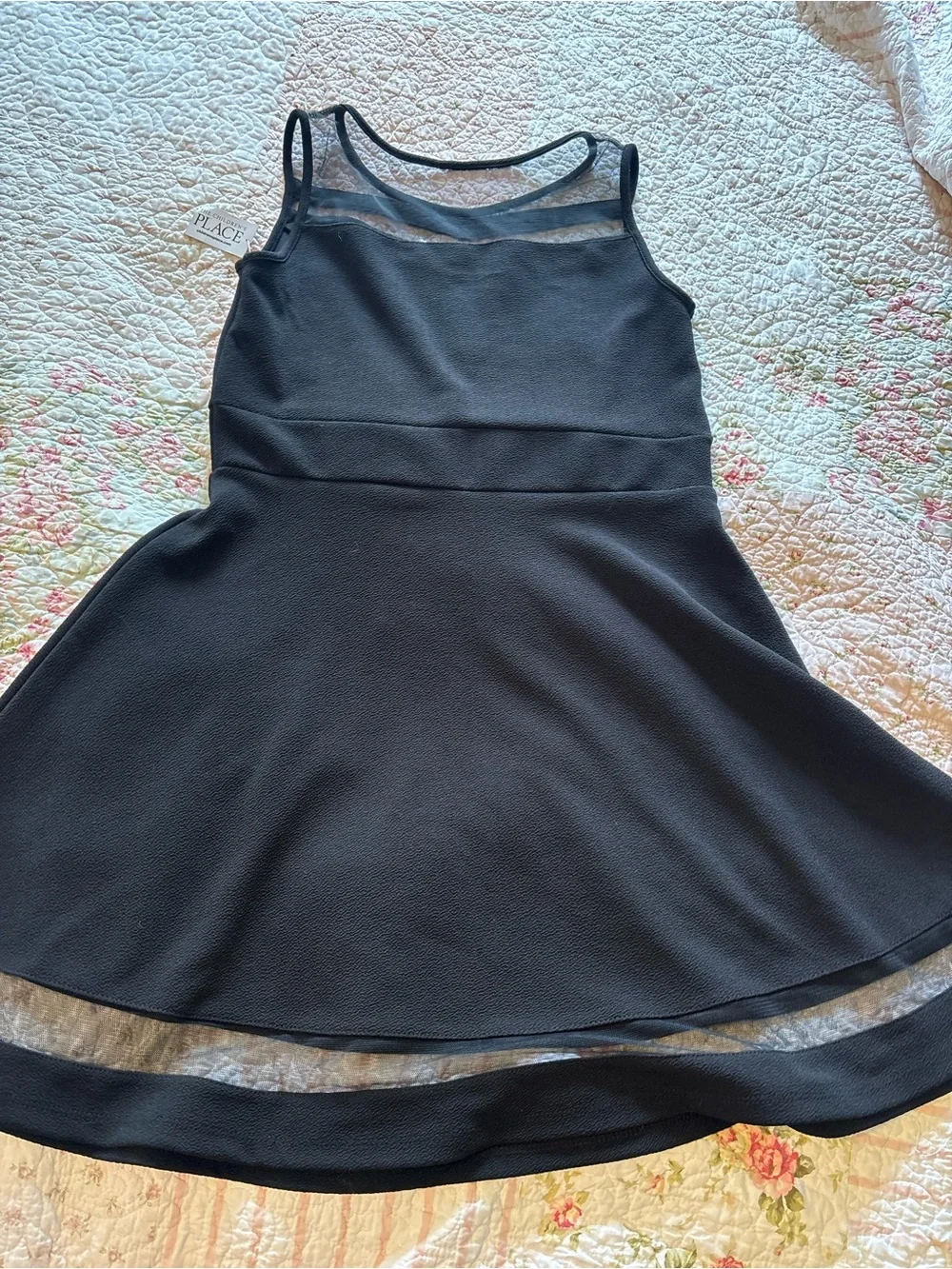 Place Black Mesh-Trimmed Jewel Waist Fit & Flare Dress